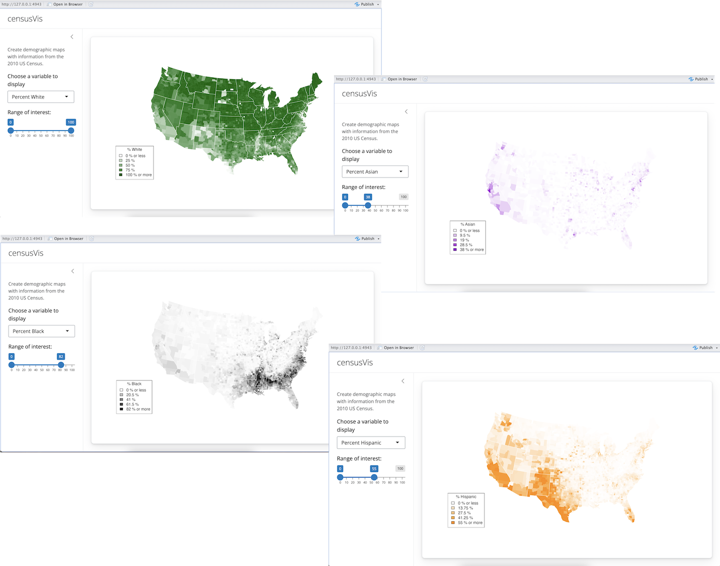 four maps using four different variables for demographics