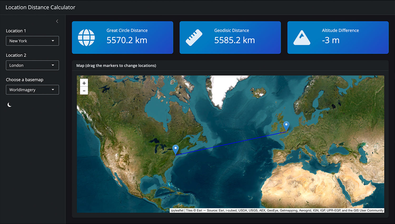 A screenshot of an dashboard that includes an ipyleaflet map.