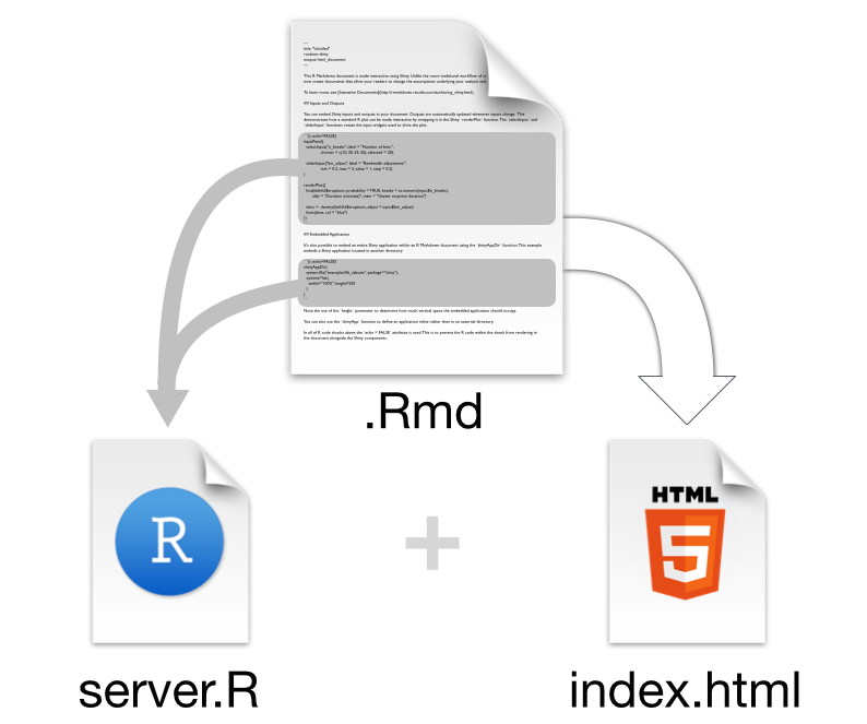 Diagram showing code from a .Rmd file for a Shiny app go to server.R and the .Rmd file goes to a HTML file.