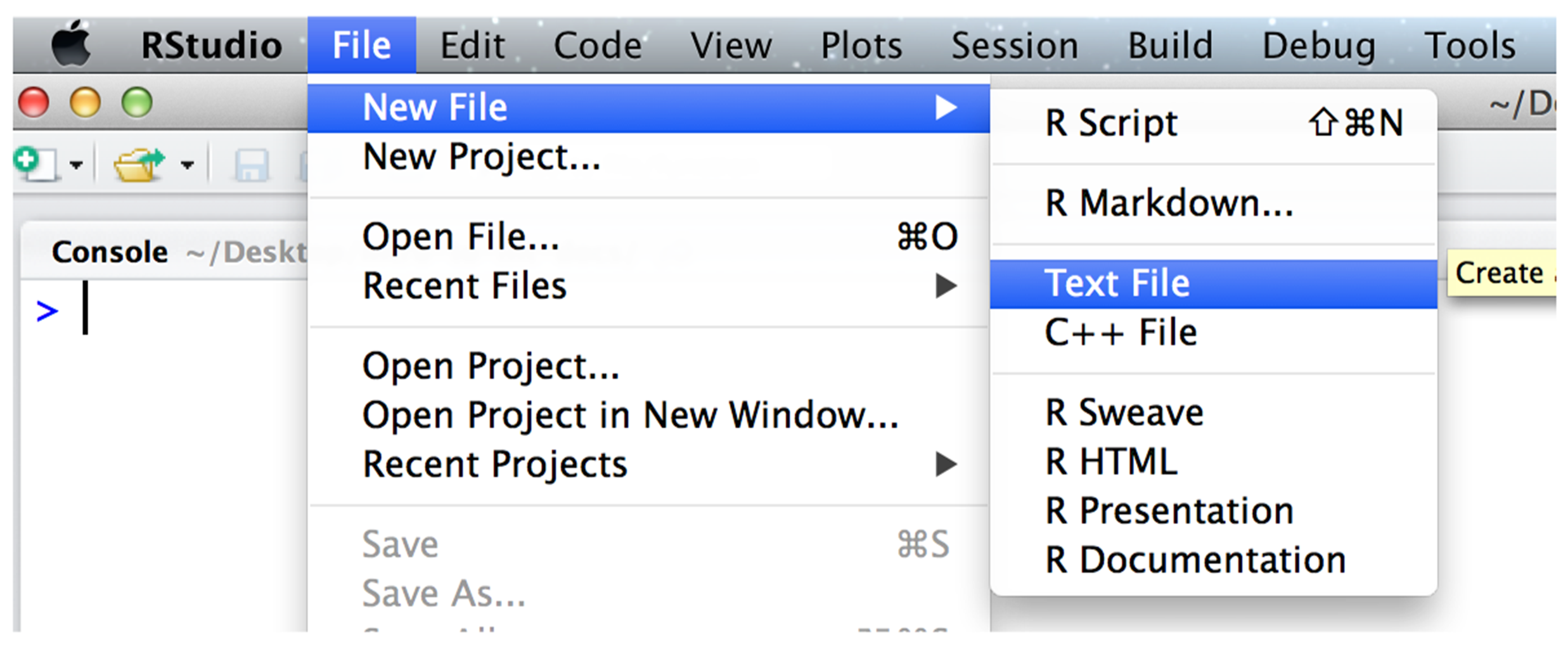 RStudio IDE drop down menu. File, then New File, then Text File.